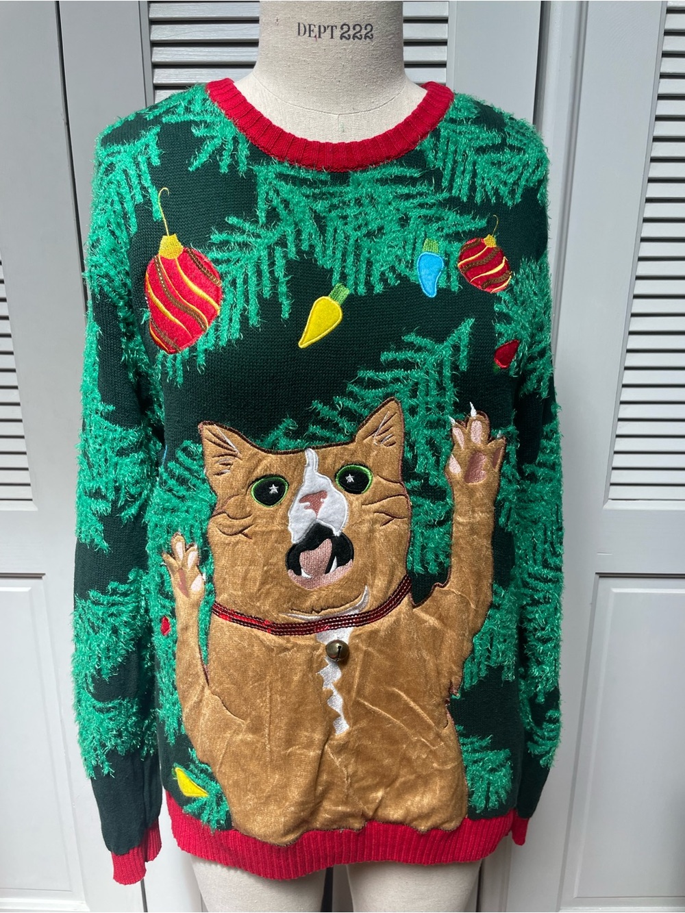 Ugly Crazy Cat Christmas Sweater Large